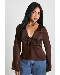 Boohoo - Tie Front Flare Sleeve Satin Blouse - Lyst