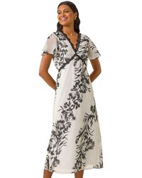 Roman - Lace Trim V-Neck Chiffon Midi Dress - Lyst