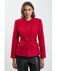 Karen Millen - Wool Blend Belted Collarless Tailored Coat - Lyst