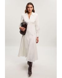 Karen Millen - Pleated Detail Cotton Long Sleeve Woven Midi Dress - Lyst