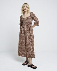 River Island - Leopard Print Shirred Smock Midi Dress - Lyst