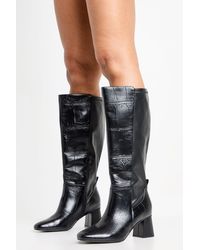 Boohoo - Wide Fit Stretch Knee High Flared Block Heeled Boots - Lyst