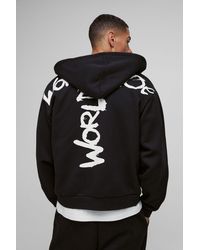 BoohooMAN - Oversized Boxy Zip Through Worldwide Graffiti Print Zip Through Hoodie - Lyst