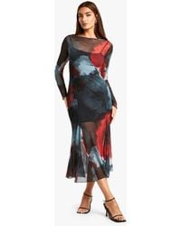 Boohoo - Slash Neck Floral Mesh Print Godet Hem Midaxi Dress - Lyst