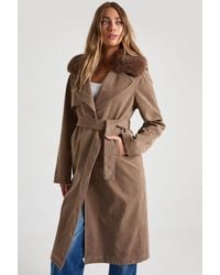 Boohoo - Maxi Belted Suede Trench Coat With Fur Collar - Lyst