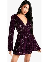 Boohoo - Velvet Sequin Flare Sleeve Playsuit - Lyst