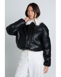 Boohoo - Faux Fur Collar Leather Bomber Jacket - Lyst