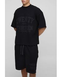 BoohooMAN - Oversized Waffle Varsity Printed T-shirt And Short Set - Lyst