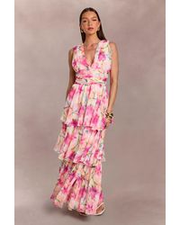 Boohoo - Chiffon Plunge Front Floral Tiered Maxi Dress - Lyst