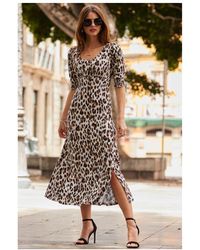 Sosandar - Leopard Print Shirred Cuff Fit & Flare Midi Jersey Dress - Lyst