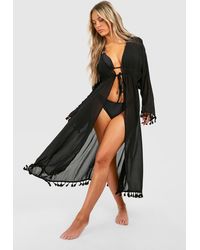 Boohoo - Tassel Trim Tie Beach Kimono - Lyst