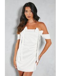 MissPap - Premium Satin Bardot Bow Detail Bodycon Mini Dress - Lyst