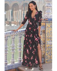 Sosandar - Floral Print Puff Sleeve Midi Wrap Dress - Lyst
