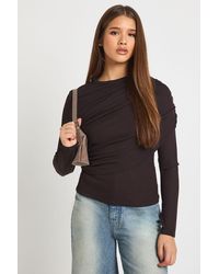Boohoo - Ribbed Draped Front Long Sleeve Top - Lyst