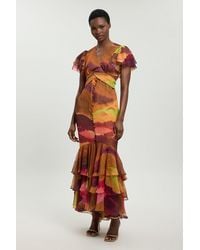 Karen Millen - Abstract Print Ruffle Sleeve Button Through Midi Dress - Lyst