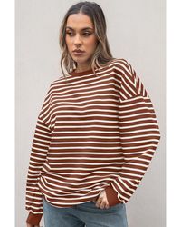 Azura Exchange - Koffie Gestreepte Lange Mouwen Ronde Hals Losse Top - Lyst