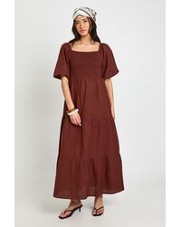 Boohoo - Tall Linen Look Volume Sleeve Tiered Midaxi Dress - Lyst