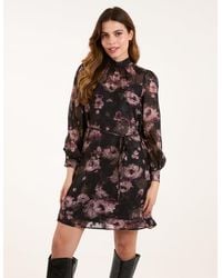 Blue Vanilla - High Neck Floral Jacquard Dress With Tie Waist - Lyst