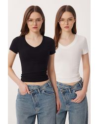 Happiness İstanbul - Basic V-Neck Cotton Blend T-Shirt - Lyst