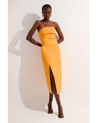 Karen Millen - Premium Linen Structured Pleated Bandeau Tailored Midi Pencil Dress - Lyst