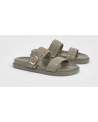 Boohoo - Faux Suede Stud Double Strap Sliders - Lyst