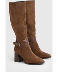 Boohoo - Faux Suede Buckle Detail Block Heel Knee High Boots - Lyst