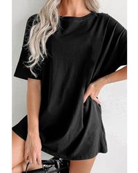 Azura Exchange - Zwarte Effen Kleur Ronde Hals Basis Tuniek T-shirt - Lyst