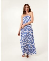 Blue Vanilla - Bandeau Printed Shirred Waist Maxi Dress Denim - Lyst