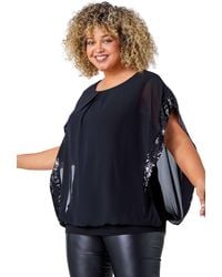 Roman - Curve Sequin Trim Chiffon Overlay Top - Lyst