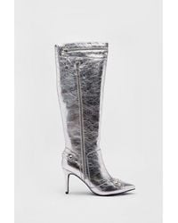 Warehouse - Leather Metallic Zip & Stud Pointed Toe Knee High Boots - Lyst