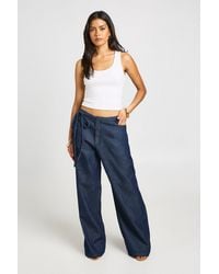 Boohoo - Chambray Tie Detail Wide Leg Trousers - Lyst