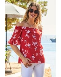 Sosandar - Floral Print Ruffle Sleeve Bardot Top Viscose - Lyst