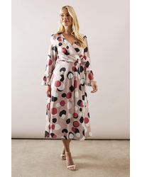 Wallis - Petite Floral Satin Jacquard Wrap Midi Dress - Lyst