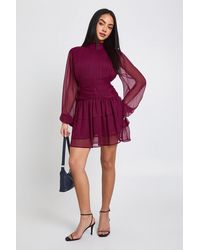 Boohoo - High Neck Gathered Chiffon Mini Dress - Lyst