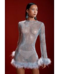 MissPap - Diamante Fishnet Feather Trim Mini Dress - Lyst