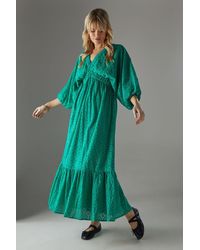 Warehouse - Broderie Plunge Neck Volume Sleeve Smock Midi Dress - Lyst