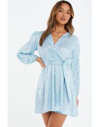Quiz - Light Blue Satin Jacquard Wrap Mini Dress - Lyst