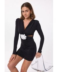 Hiccup - Ruched V-Neck Mini Dress With Side Cut-Out And Flower Detail - Lyst