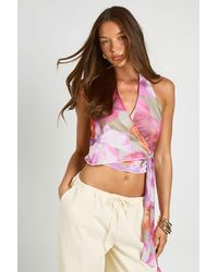 Boohoo - Floral Printed Mesh Tie Front Top - Lyst