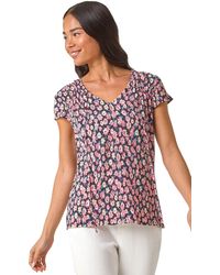 Roman - Petite Floral Print Crinkle V-Neck Top - Lyst