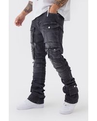 BoohooMAN - Skinny Stacked Multi Cargo Pocket Flared Jeans - Lyst