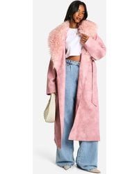 Boohoo - Petite Faux Fur Collar Vintage Look Faux Leather Trench Coat - Lyst
