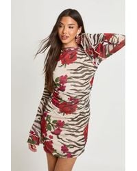 Boohoo - Mixed Animal Print Flared Sleeve Mini Dress - Lyst