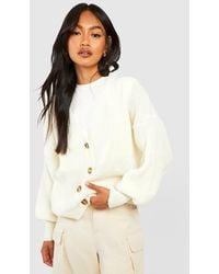 Boohoo - Balloon Sleeve Button Through Rib Cardigan - Lyst