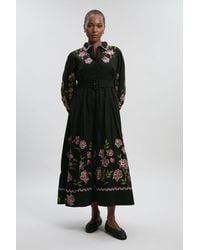 Karen Millen - Plus Size Rose Embroidered Cotton Twill Woven Shirt Dress With Eyelets - Lyst
