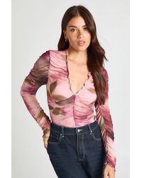 Boohoo - Blurred Floral Print Mesh Ruched Neckline Long Sleeve Bodysuit - Lyst