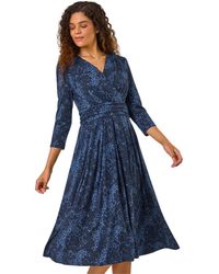 Roman - Animal Print Mock Wrap Midi Dress - Lyst