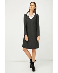 Conquista - Shirt Collar Detail Dark Striped Dress - Lyst