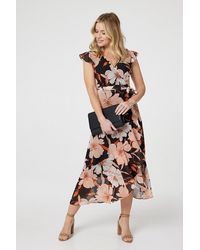 Izabel London - Floral Frill Asymmetric Wrap Midi Dress - Lyst