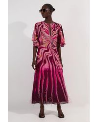 Karen Millen - Tall Animal Print Georgette Embellished Short Sleeve Woven Maxi Dress - Lyst